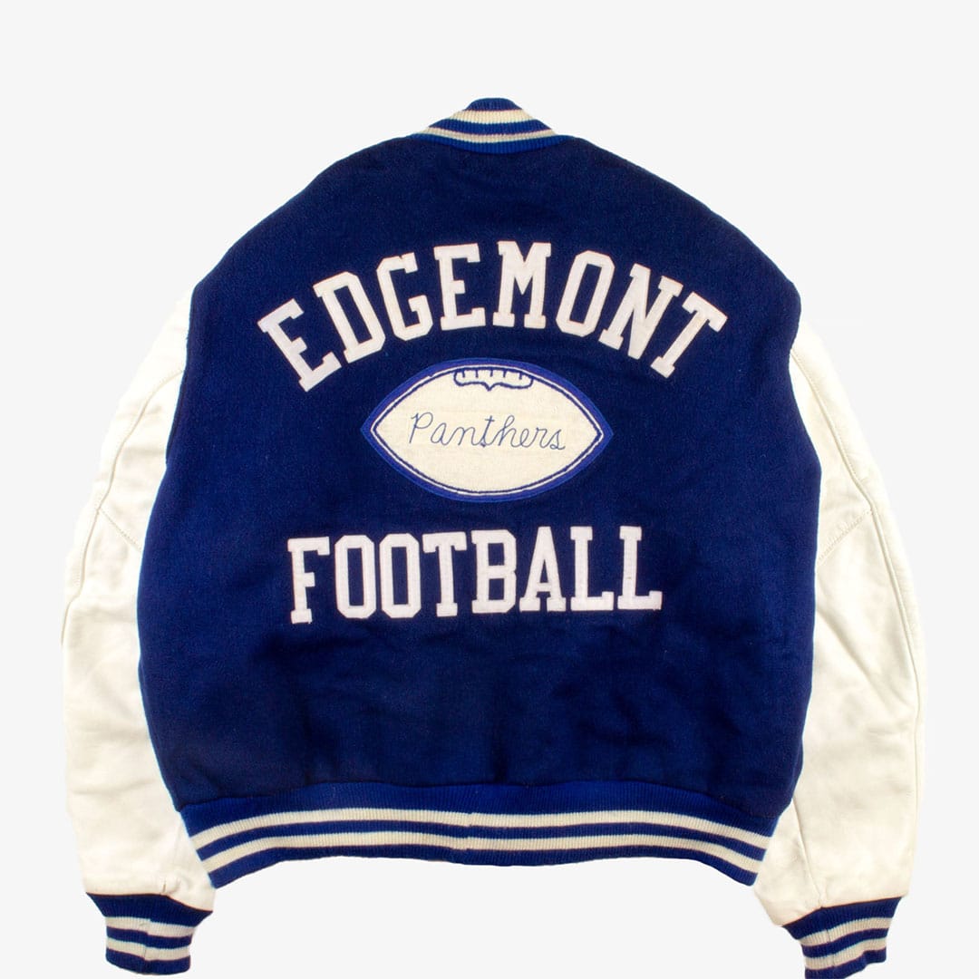 Vintage Edgemont Panthers Collegejacke L Blau Logo hinten