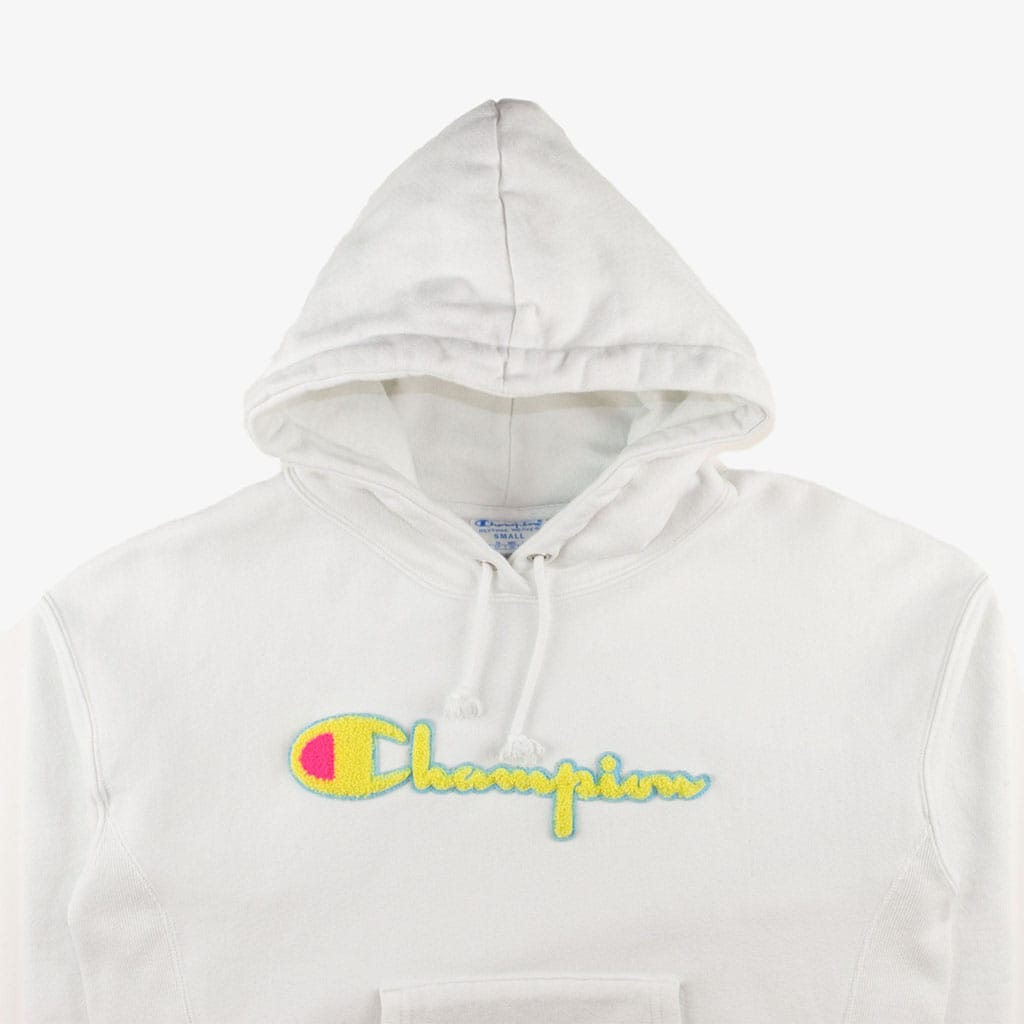  Vintage Champion Hoodie S Weiß Vorne Logo Kapuze