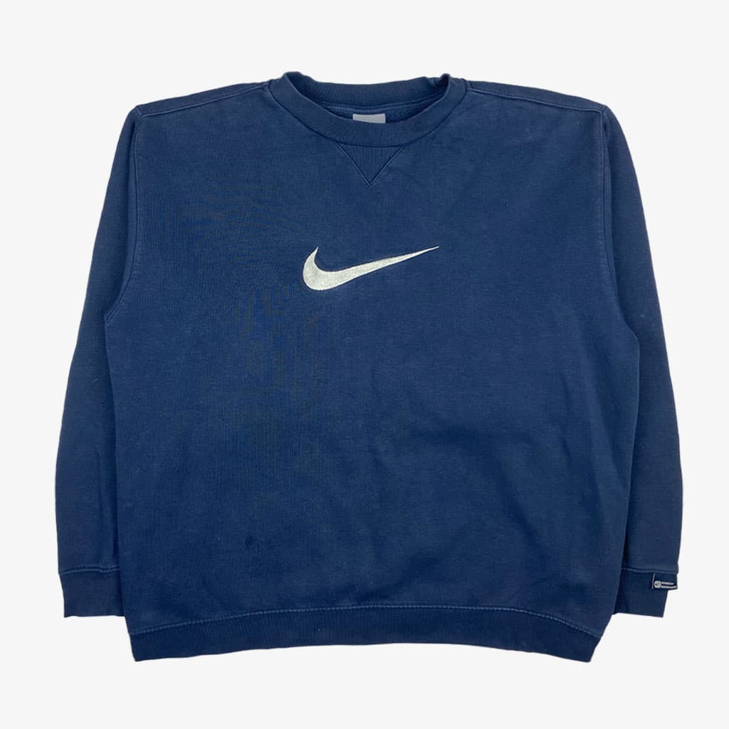 Vintage Nike Big Swoosh Pullover 00s S in dunkelblau | Vintage Online Shop Unique-Resale